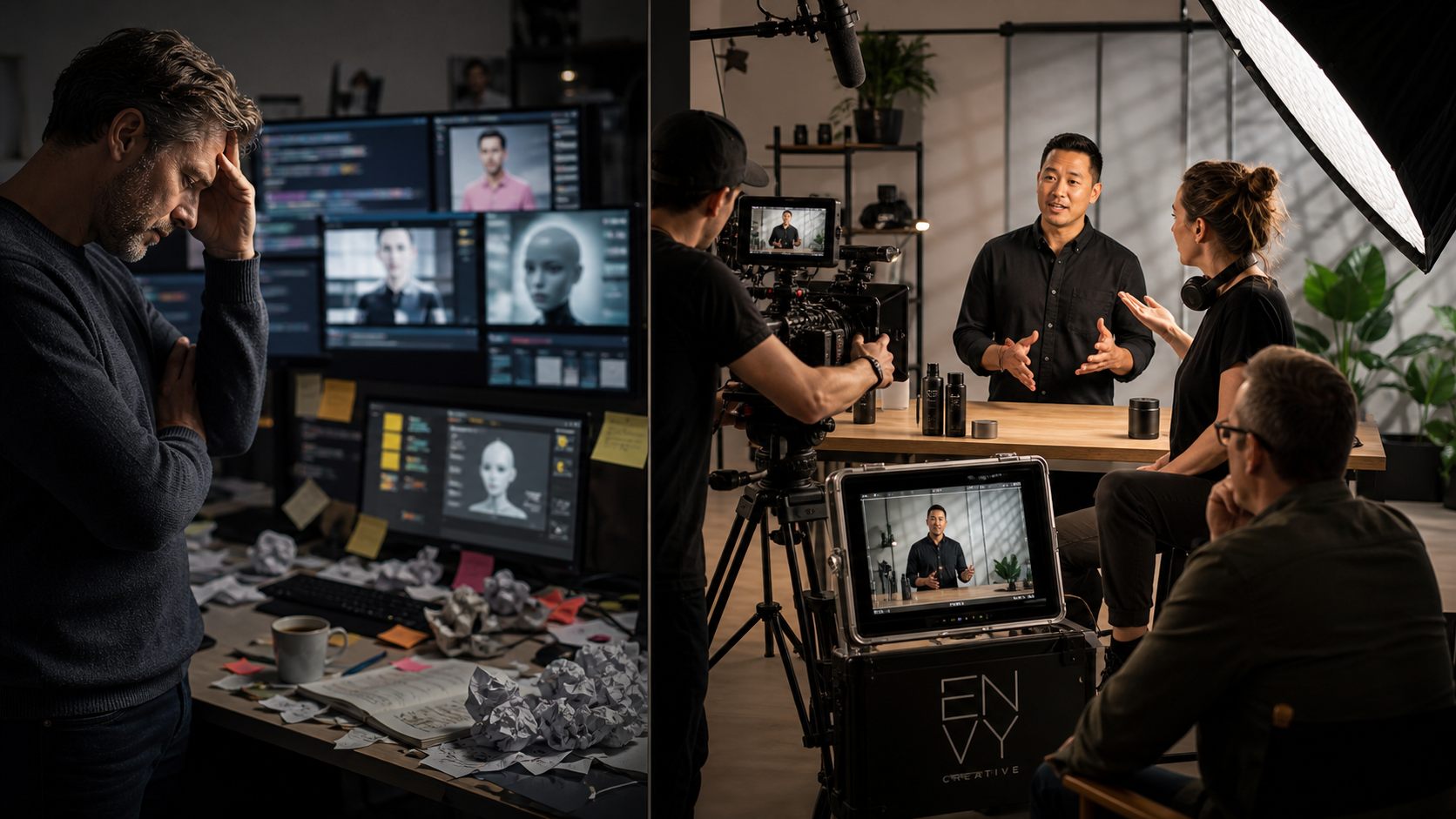 Split studio scene showing AI video frustration beside an Envy Creative live-action shoot