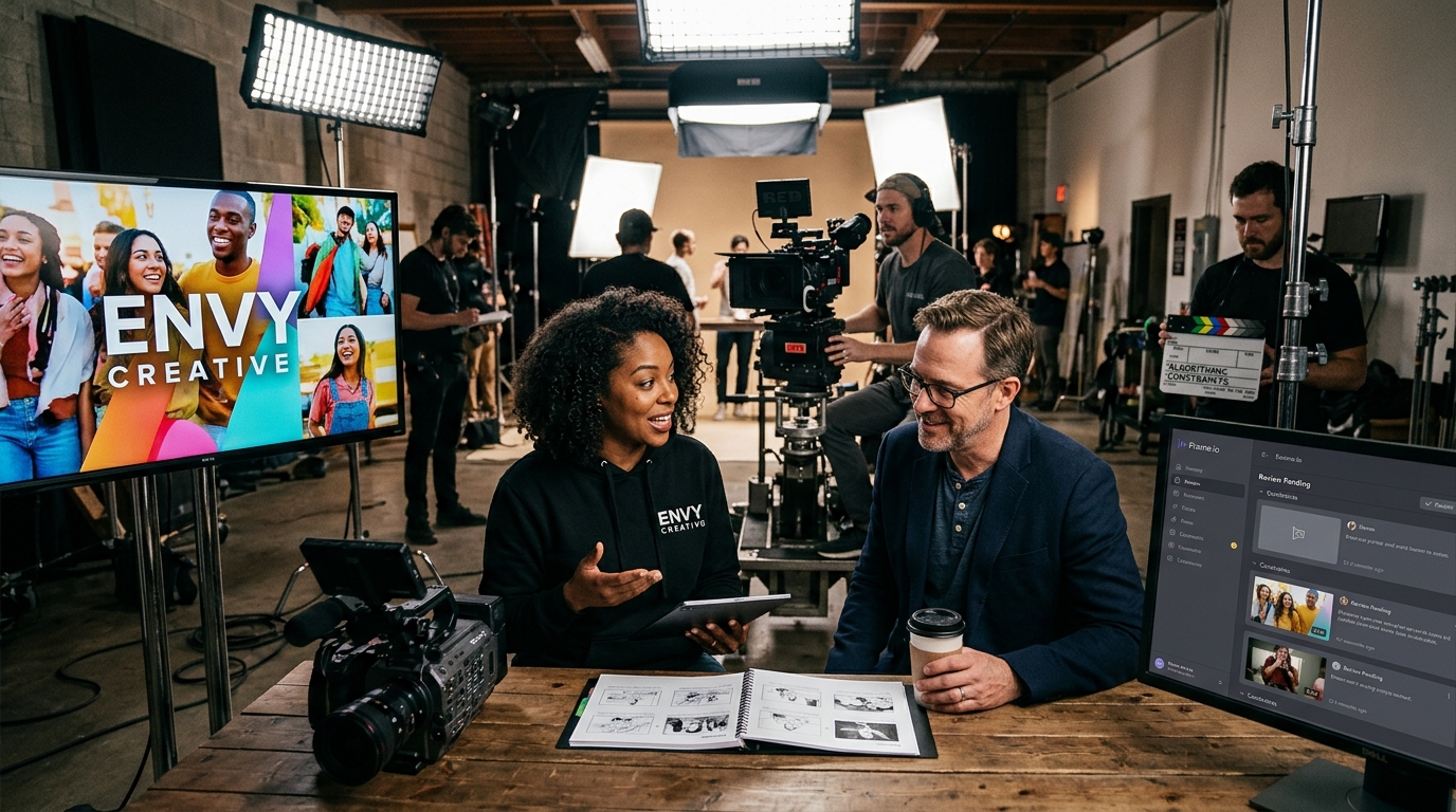 Creative director at Envy Creative discussing video strategy with a business client, contrasting Envy's human‑focused production with algorithmic tools like Frame.io