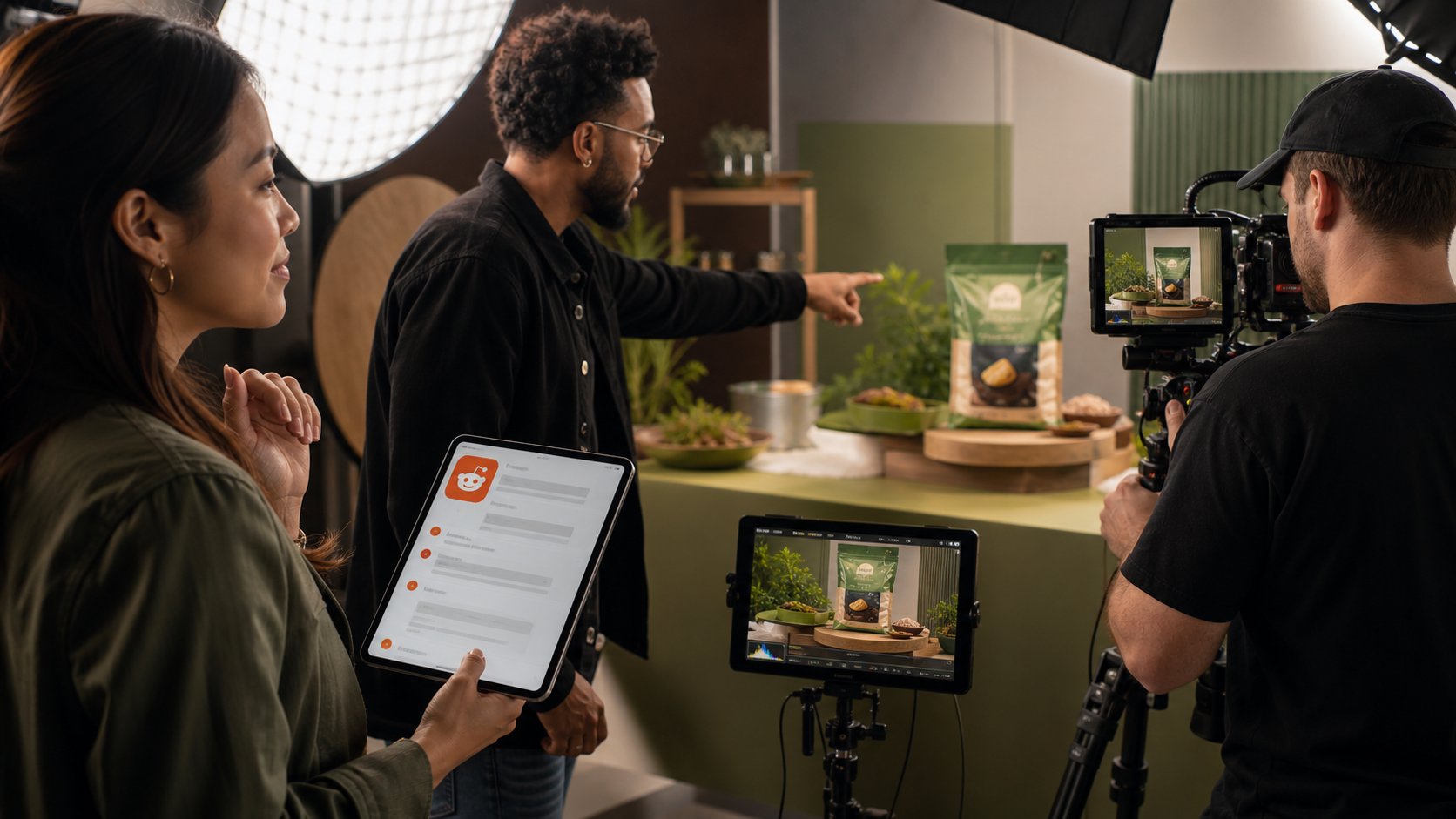 CPG marketer and Envy Creative production team filming a product video while reviewing Reddit shopping insights on a tablet.