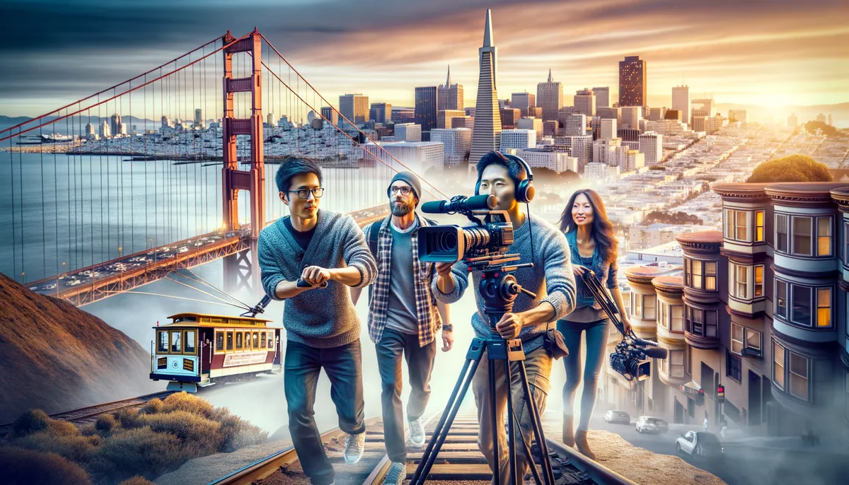 Create an image that encapsulates the dynamic energy of video marketing in the context of San Francisco. Picture this cinematic scene: three individuals of diverse descents including Hispanic, White and Middle-Eastern are navigating through the cityscape with video cameras and lighting equipment like real professionals. Their dedication and teamwork are evident. They're capturing picturesque landmarks in San Francisco—Golden Gate Bridge, historic Cable Cars, and the bustling Chinatown—showcasing the vibrant city life, all being bathed in the warm glow of a San Francisco sunset. This image should be photorealistic and visually engaging, with a high degree of professionalism but devoid of any text or logos.