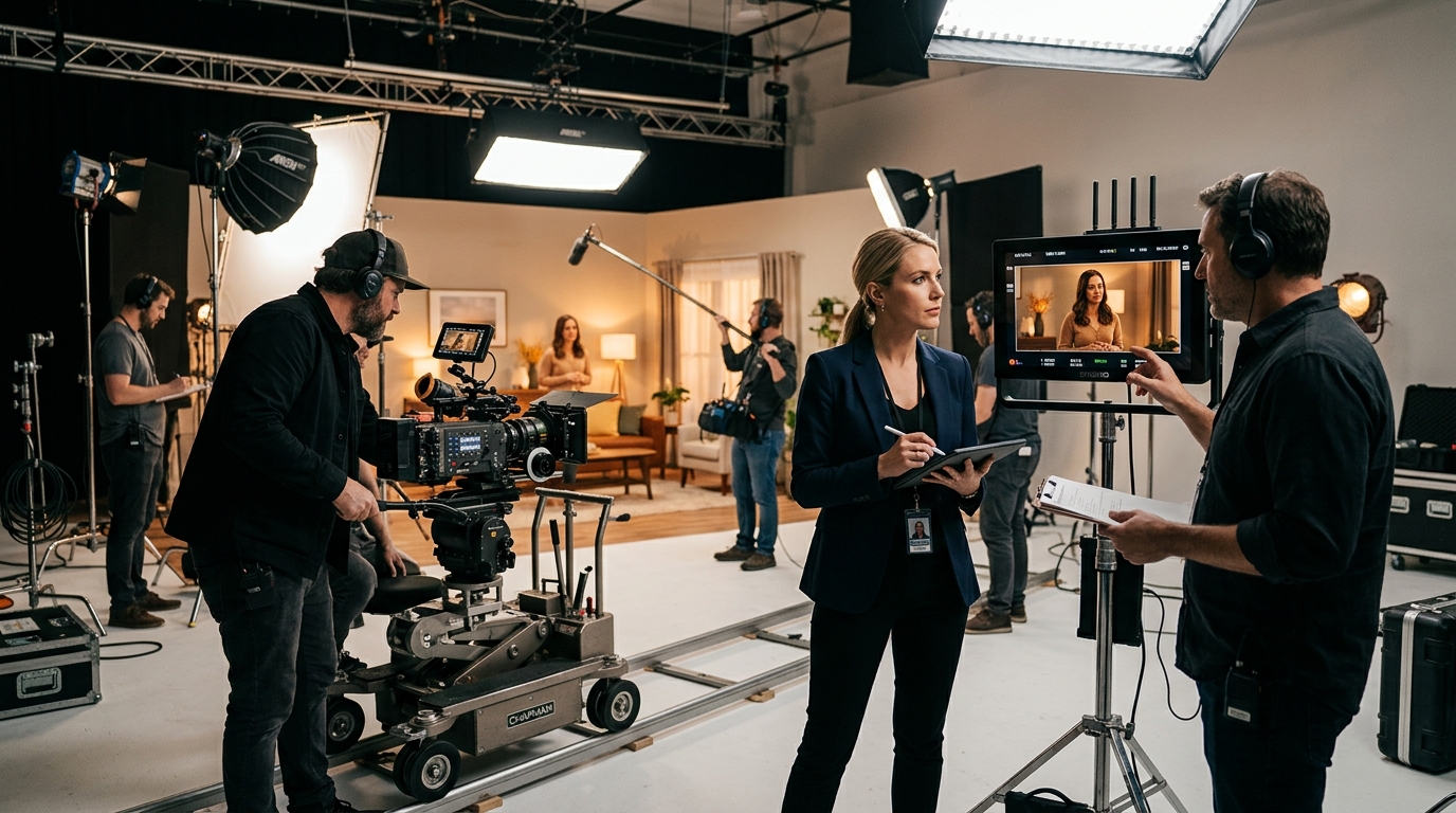 Envy Creative film crew and female marketing director reviewing commercial video footage on a high-definition monitor in a lighting studio.