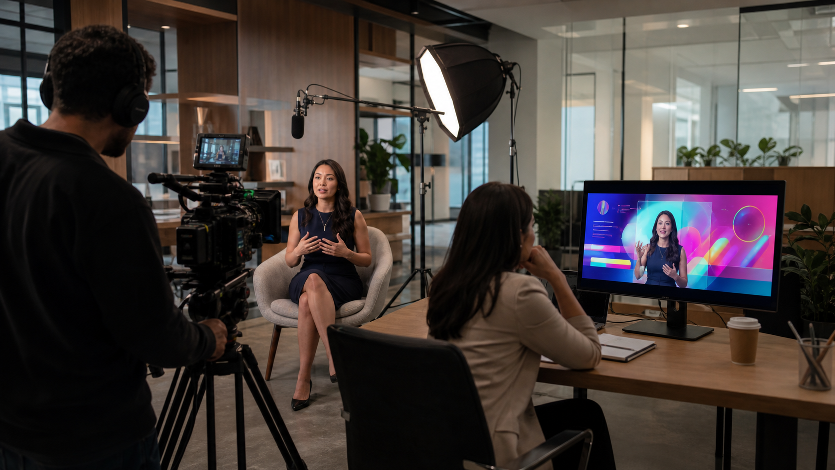 Director filming an authentic executive message while a marketing leader reviews overly promotional footage nearby