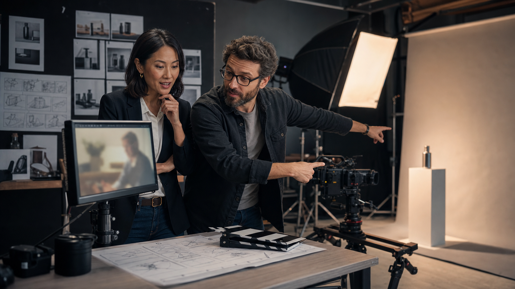 Creative director showing a B2B marketer why an outdated brand video needs a fresh custom production