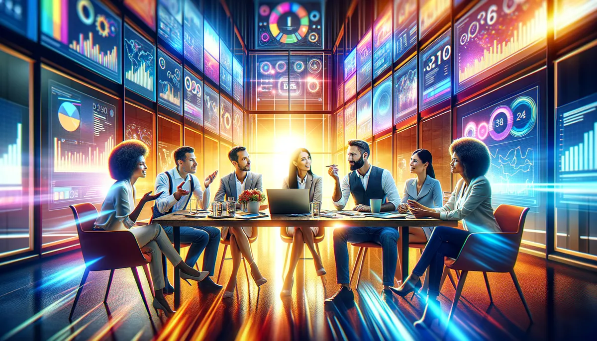 A diverse group of professionals engaged in a meeting around a conference table, surrounded by large digital screens displaying various colorful charts and graphs. The setting is modern and high-tech, with a bright light illuminating the room.