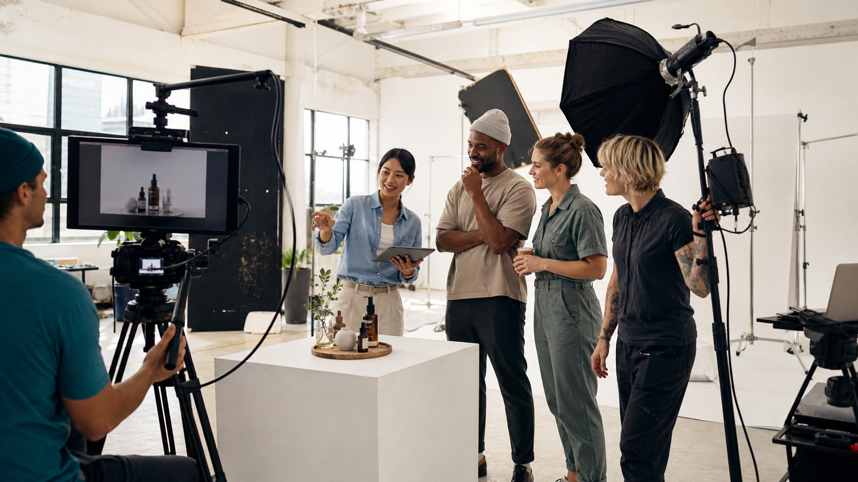 Small business owner reviewing a product video shoot with a diverse professional film crew in a bright studio