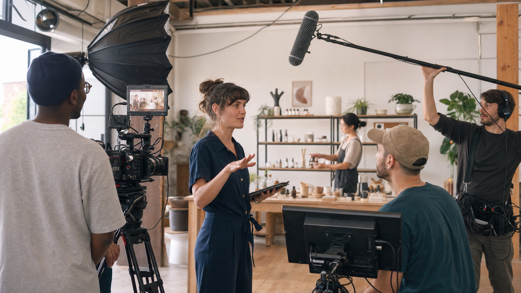 Small business owner directing a professional video shoot with a creative production team