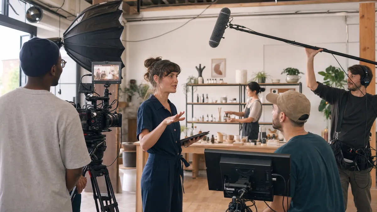Small business owner directing a professional video shoot with a creative production team