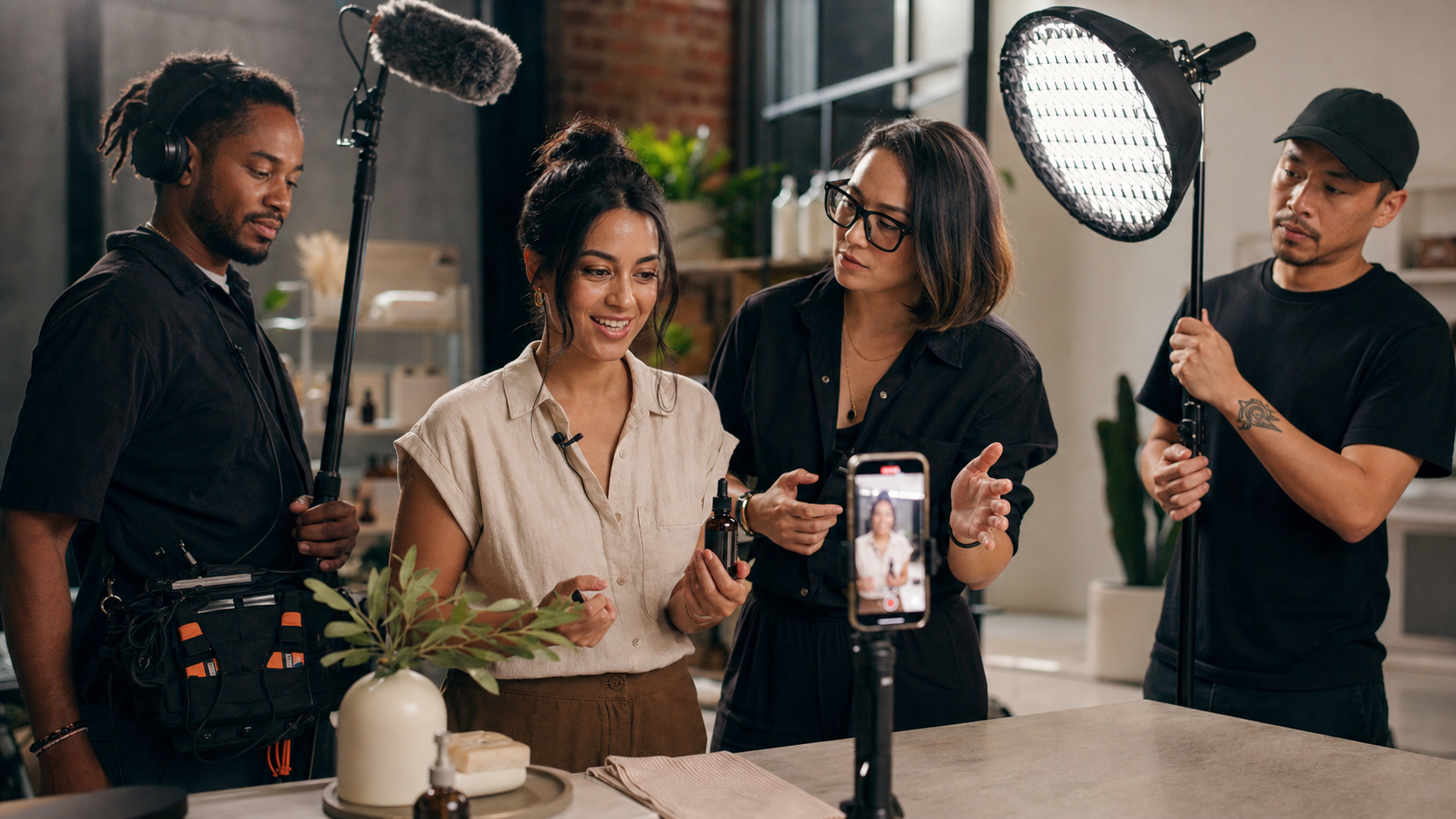 Small business owner filming a vertical product video on a smartphone while an Envy Creative director and crew guide lighting and audio in a boutique studio