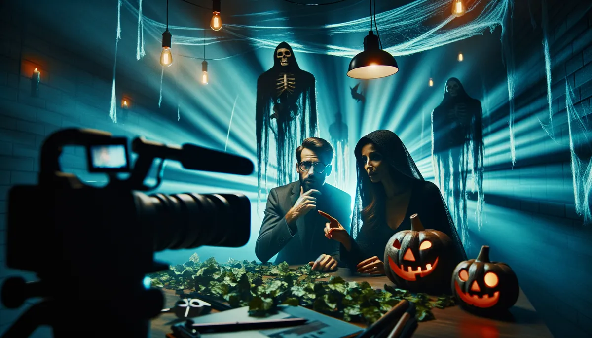 A dimly lit, atmospheric Halloween scene with two people sitting at a table covered in foliage under eerie blue lighting. They are surrounded by glowing jack-o'-lanterns and spooky skeleton decorations hanging in the background. A camera is set up in the foreground, suggesting they might be filming or streaming. The room is adorned with cobwebs and pendant lights, enhancing the haunted ambiance.
