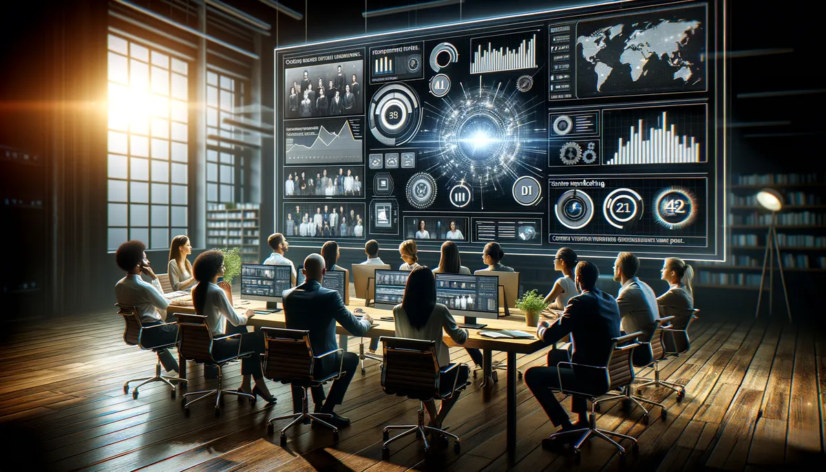 Create a detailed, high-quality image depicting a scene in a tech-savvy office setting. The focus should be on a group of racially and gender-diverse individuals discussing and analyzing digital content on a large screen. Show various elements such as a desktop computer, digital charts, and video thumbnails, denoting the process of content verification and smarter marketing. The atmosphere of the image should be professional and analytical, with the lighting adjusted to enhance the cinematic feel, ideal for a blog header. The image should be devoid of any text or logos.