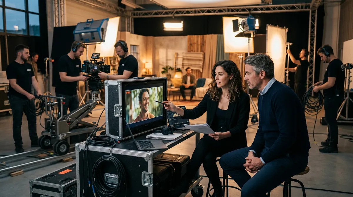 Creative director and client review premium video footage on a monitor in a cinematic production studio.