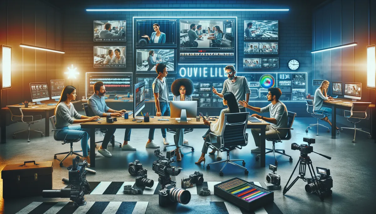 A group of people are working together in a high-tech video editing studio. They are gathered around desks with multiple computer monitors displaying video editing software and footage. The walls are lined with large screens showing various video clips and graphics. Several cameras and filming equipment are stationed around the room, suggesting a creative and collaborative environment. The lighting is dynamic, with a mix of cool and warm tones, creating an energetic atmosphere.
