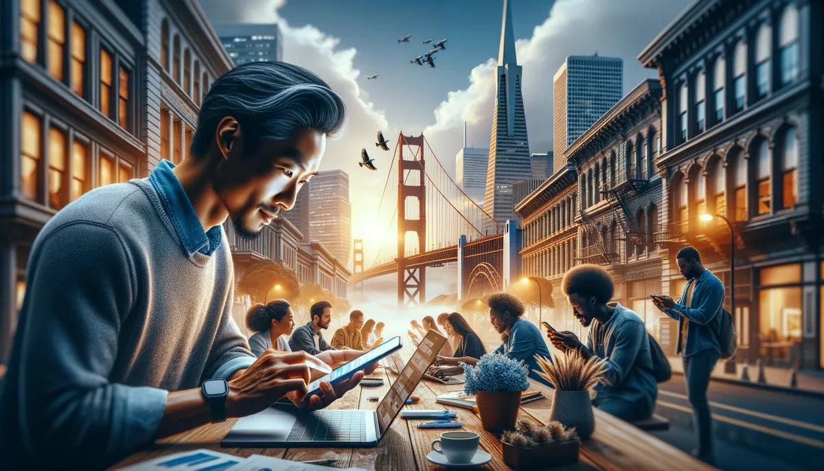 Generate a professional, high-quality, photo-realistic blog header image in a cinematic style. The scene should feature a diverse group of people, including an Asian man and a Black woman, engrossed in making engaging content for social media on their devices, embodying success. Pull cues from the bustling aesthetics of San Francisco, showcasing iconic landmarks like the Golden Gate Bridge and unique architectures, in the backdrop. Abstain from incorporating any text or logos into the scene.