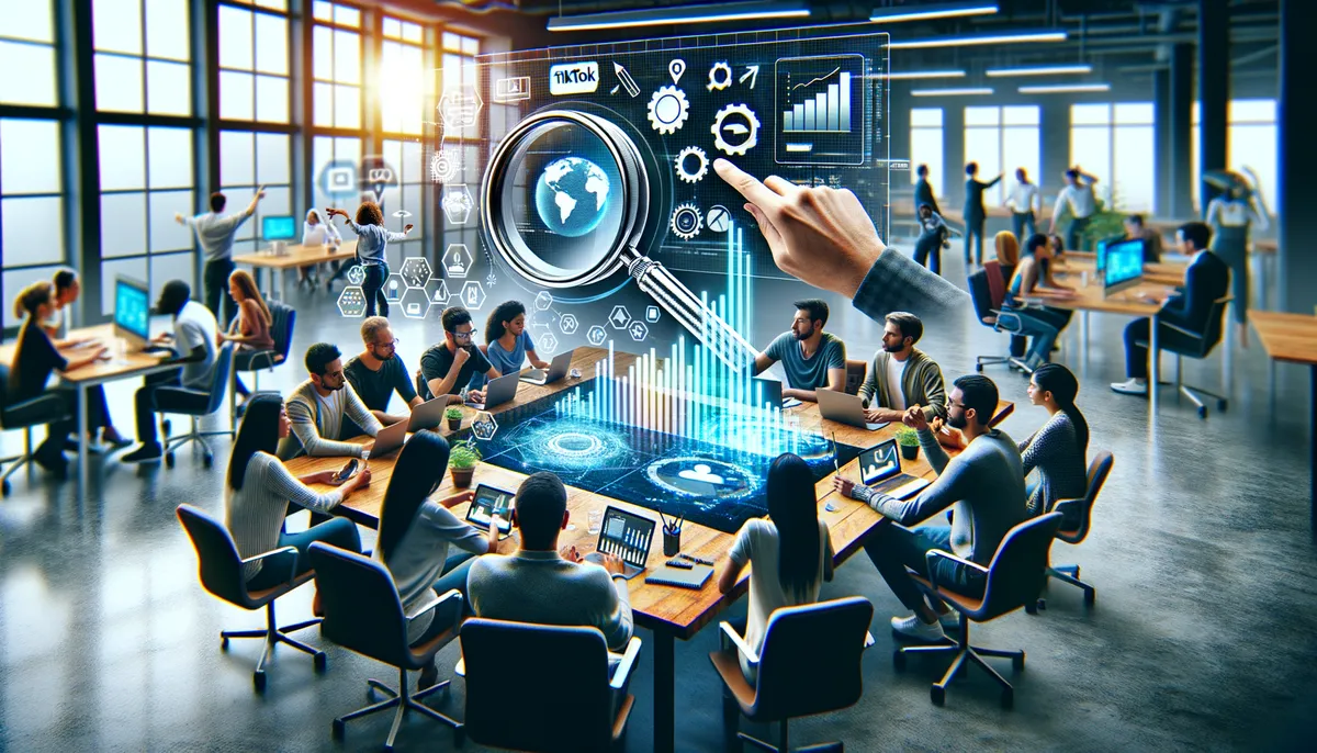 A diverse group of people working in a modern office space, sitting around tables with laptops. A large digital screen displaying data analytics and global connections is superimposed above them. The scene conveys collaboration, technology, and innovation in a bright, open environment with large windows.