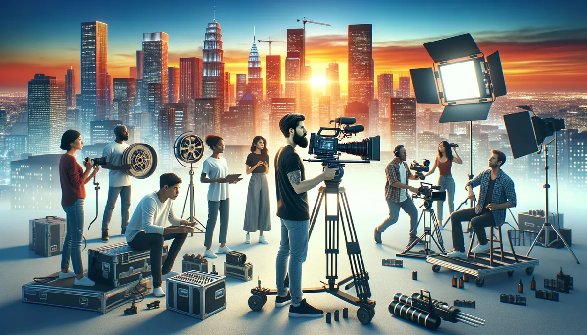 A diverse film crew on a rooftop set against a city skyline during sunset. The team includes a camera operator, sound technician, and various crew members handling equipment like lights and reels. The scene is bustling with activity, showcasing filmmaking in an urban environment with skyscrapers in the background.