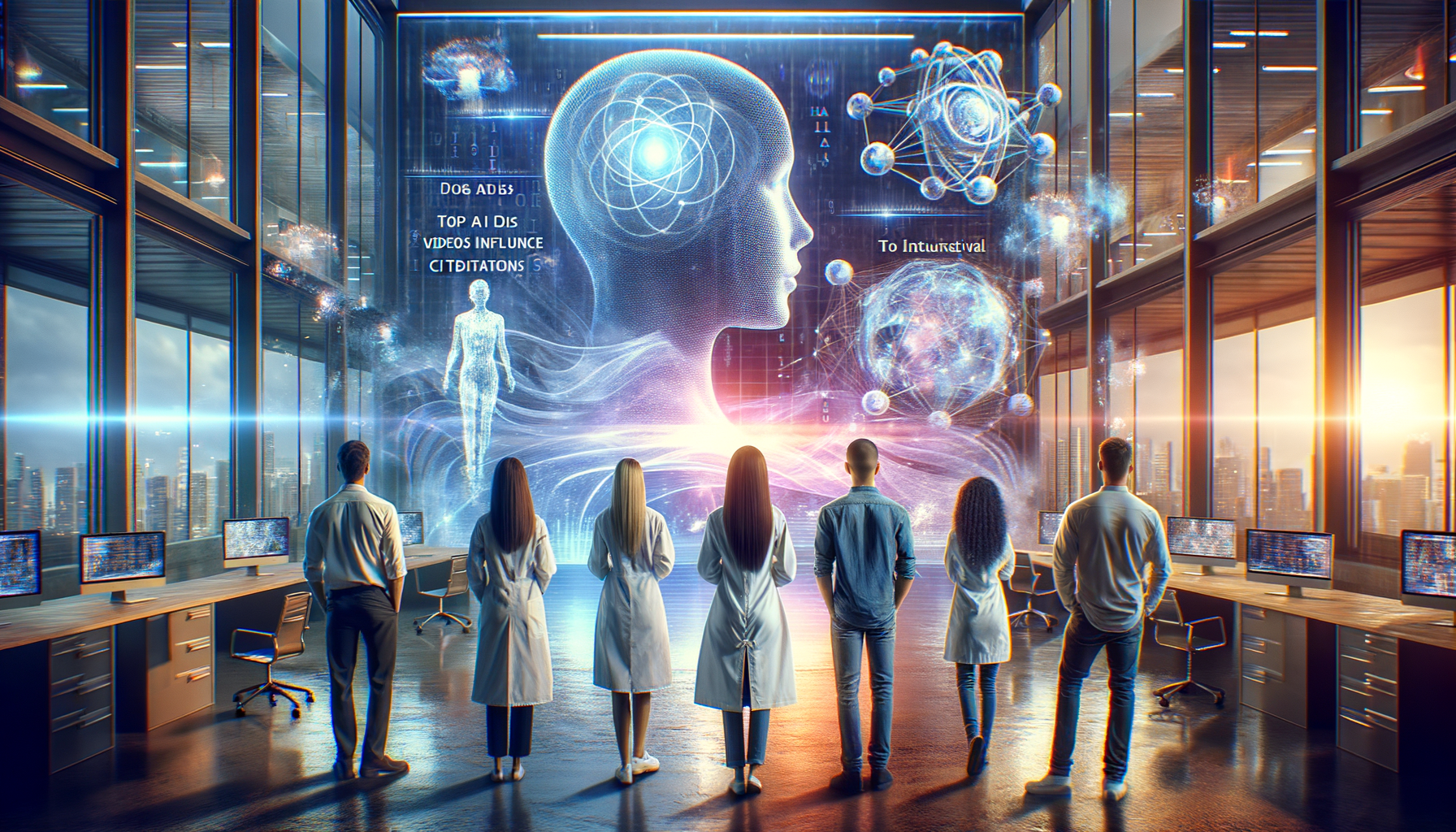 Envision a cinematic blog featured image that connotes Top AI Videos Influence Citations. Show an immersive scene featuring a group of photo-realistic people coming from various occupations, yet bound by a common interest: a female Caucasian scientist, a Hispanic male software developer, a Middle-Eastern female data analyst, and a South Asian male AI researcher. Their gazes are fixated towards a holographic projection of abstract AI concepts represented by interactive digital graphs and codes floating in mid-air. They all stand in an ultra-modern, well-lit, technology-rich lab adding to the aura of innovation and intellectual pursuit. This design is a visual metaphor for exchange of ideas and influence. Make sure to exclude any text or logos to maintain the design clarity.