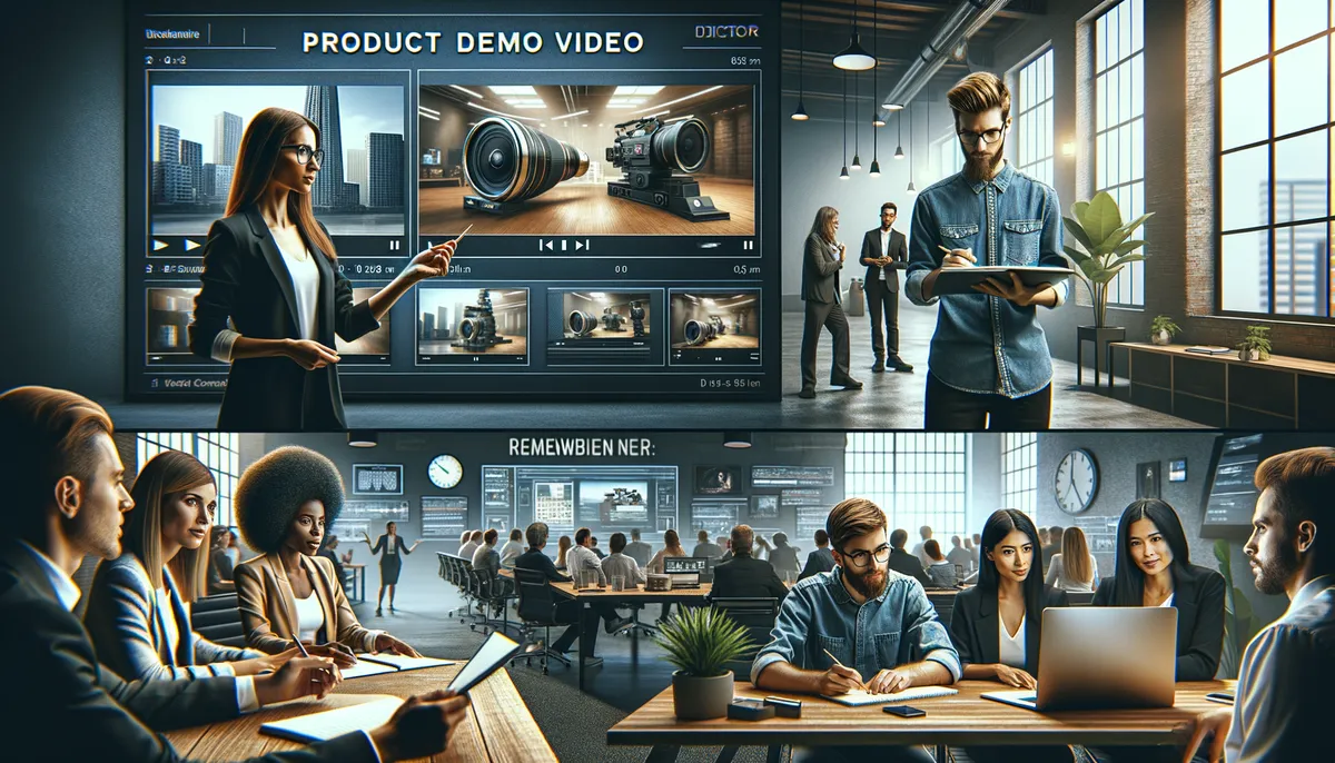 A modern office setting with people engaged in various activities. At the top, a woman presents a product demo video displayed on a large screen, showing camera equipment. Several individuals are seen taking notes and discussing in an open, industrial-style workspace with large windows. Below, a group of professionals gathers around a table, focusing on a laptop and taking notes during a meeting. The environment is bright with natural light and includes plants and wall clocks.