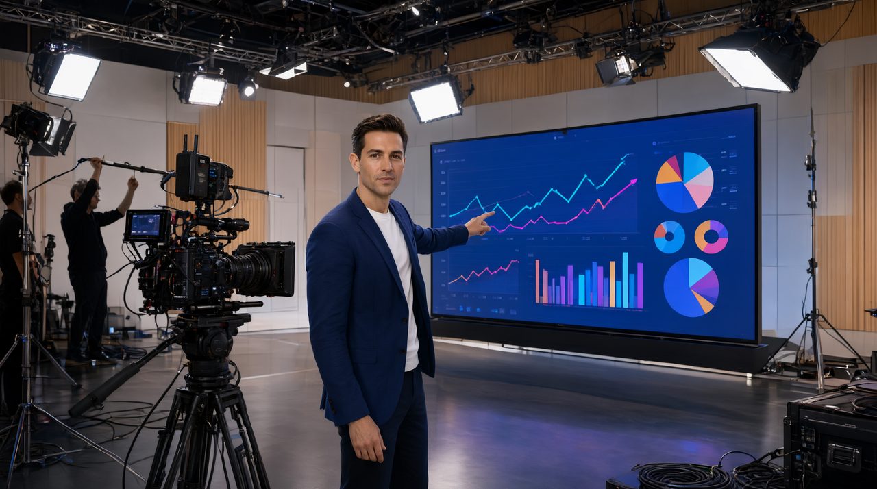 A presenter in a professional video studio gesturing toward a large screen of analytics charts while a camera crew films.