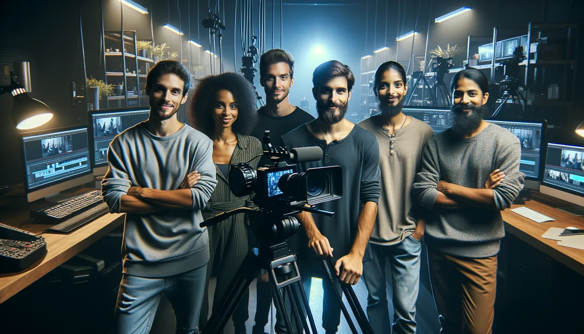 A group of six diverse people standing in a film editing studio. They are positioned around a professional video camera on a tripod, with computer screens displaying editing software visible in the background. The setting is warmly lit, giving a creative and collaborative atmosphere.