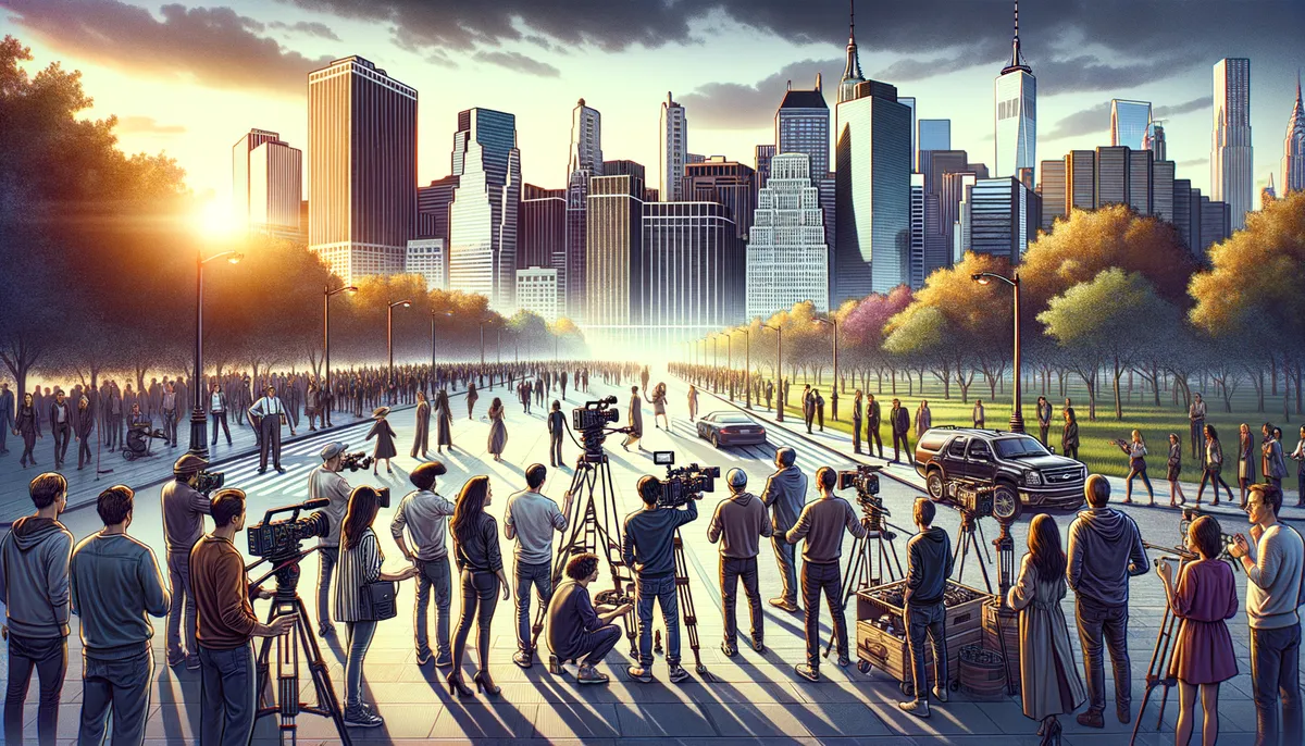 Create a cinematic, professional and visually engaging scene that would be suitable as a blog feature image. The scene should be set in iconic New York City, with recognizable landmarks such as skyscrapers or parks in the background. The people in the frame are diverse, of different genders and descents, portraying photo-real individuals who are engaged in filming an exciting scene with high-quality video equipment. The image should implicitly represent the concept of Kickstarter projects, hinting at creativity, innovation and community support. Negate the inclusion of any text or logos.