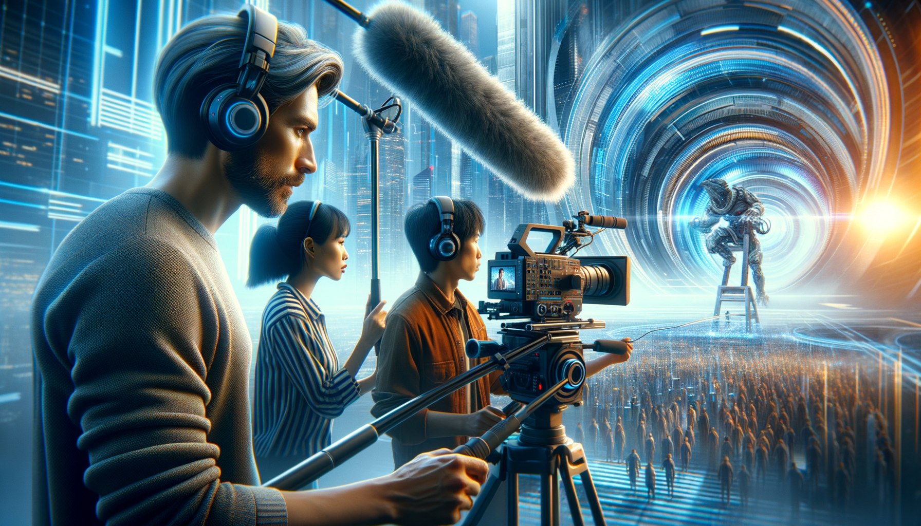 Create a professional, high-quality, cinematic blog featured image to represent a post titled: Top SF Video Ads. It should depict photorealistic individuals of varying descents engaged in the process of filmmaking. Included in the scene is a Caucasian male director studying a scene through his camera viewfinder, an Asian female boom mic operator focusing on capturing the best sound, and a Black male actor rehearsing his lines. The backdrop is a dynamic, futuristic urban landscape indicative of the sci-fi genre. Ensure the overall style is unique, visually engaging, and suitable for a blog header. The image should be free of any text or logos.