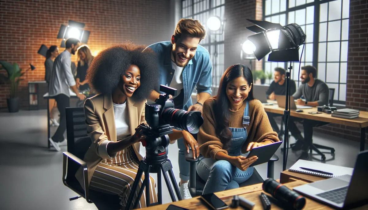 A group of people in a creative studio setting, engaged in filming and digital work. A woman with curly hair smiles while adjusting a camera on a tripod, assisted by a man standing beside her. Another woman sits nearby holding a tablet. In the background, more people collaborate at a table with laptops and equipment under bright studio lights. The setting has a modern industrial design with brick walls and large windows.