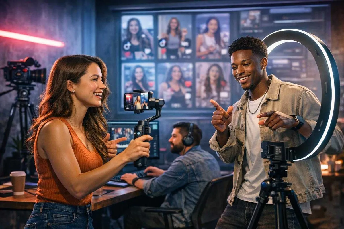 A lively and modern content creation studio with three smiling individuals engaging in video production, surrounded by professional equipment, vibrant lighting, and a multi-screen display wall showing various women and the TikTok logo.
