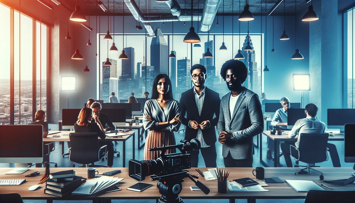 A group of three people standing in a modern, well-lit office with large windows showcasing a cityscape. They are dressed in professional attire and appear confident. The office is bustling with other employees working at desks equipped with computers and papers. In the foreground, a professional video camera is set on a desk, suggesting a media or content creation environment.