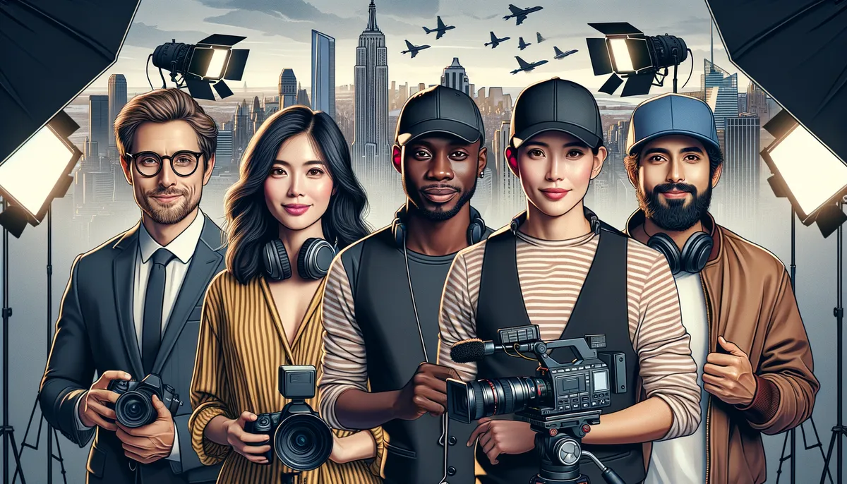 A diverse group of five people, including two women and three men, stand in front of a city skyline with tall buildings and flying airplanes overhead. They are surrounded by professional lighting equipment. The individuals are holding cameras and wearing headphones, suggesting they might be involved in photography or filmmaking.