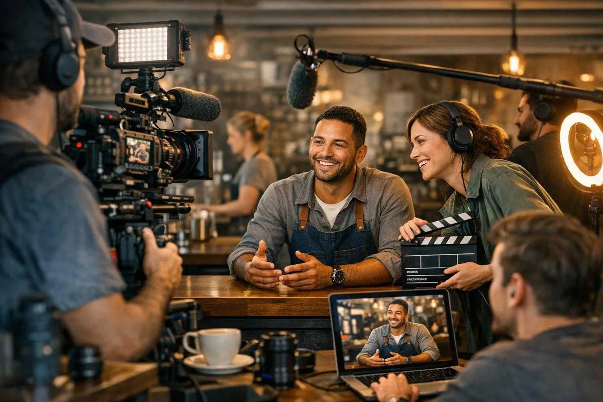 A lively cafe scene showing a professional video crew filming an interview with a smiling man at a wooden counter, surrounded by filming equipment and warm lighting.
