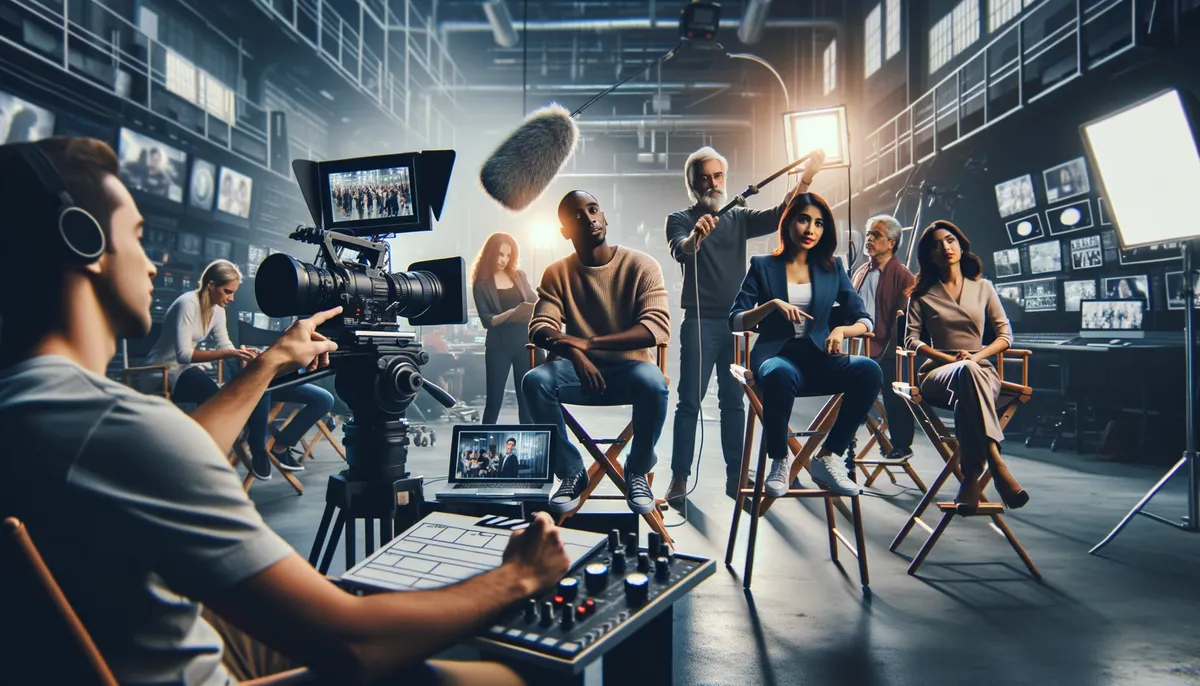 A bustling film studio set with crew members and actors. A cameraman is focused on filming with a large camera, while a boom operator holds a microphone overhead. Several actors sit in director's chairs under bright lights, preparing for a scene. Monitors display images around the studio, and production equipment is visible in the background. The atmosphere is professional and dynamic.