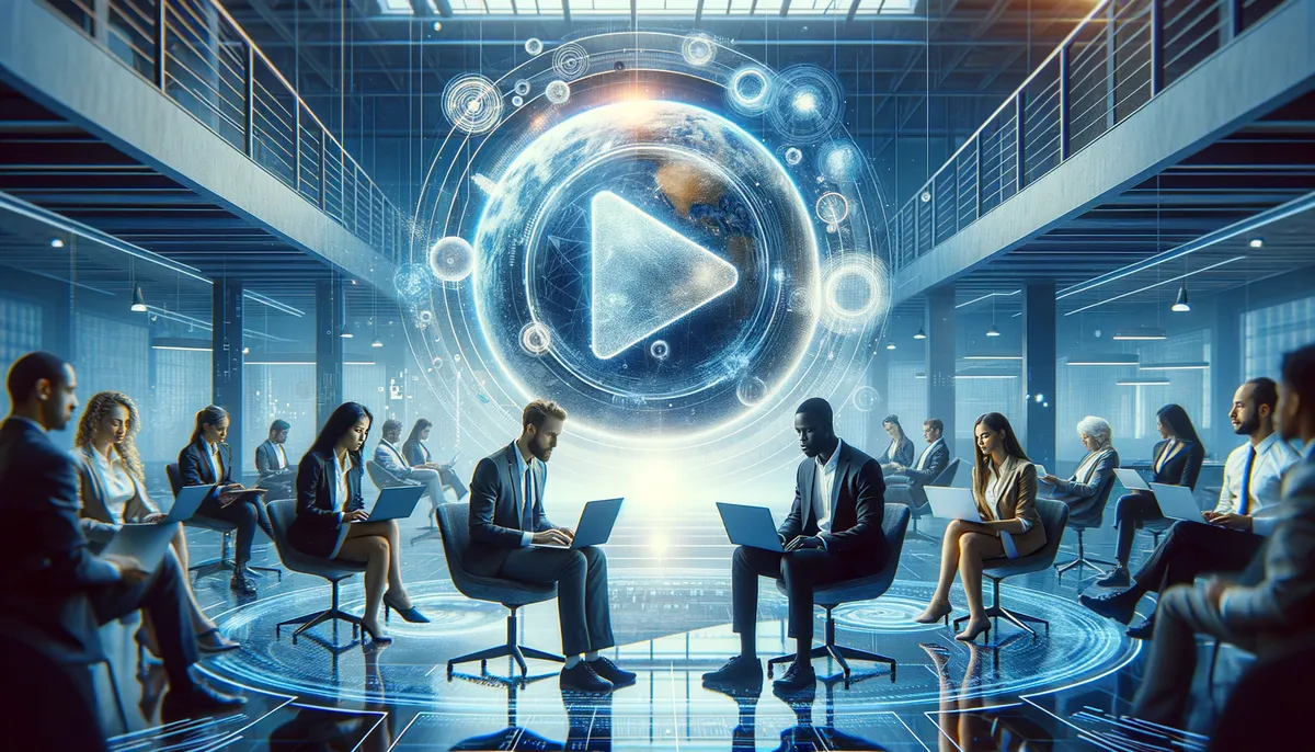 A futuristic office setting with diverse professionals seated in a circle, working on laptops. In the background, a large translucent digital globe with a glowing play button is suspended, suggesting technology and global connectivity. The room has a high ceiling and sleek design, enhancing the modern and advanced atmosphere.