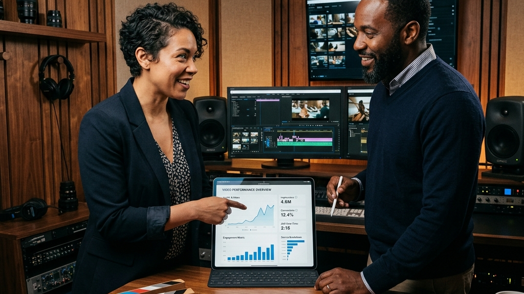 A creative director and a marketing manager in a high-end post-production editing studio, looking at a video analytics report showing AI search traffic on a tablet, with a custom Envy Creative clapperboard on the desk.