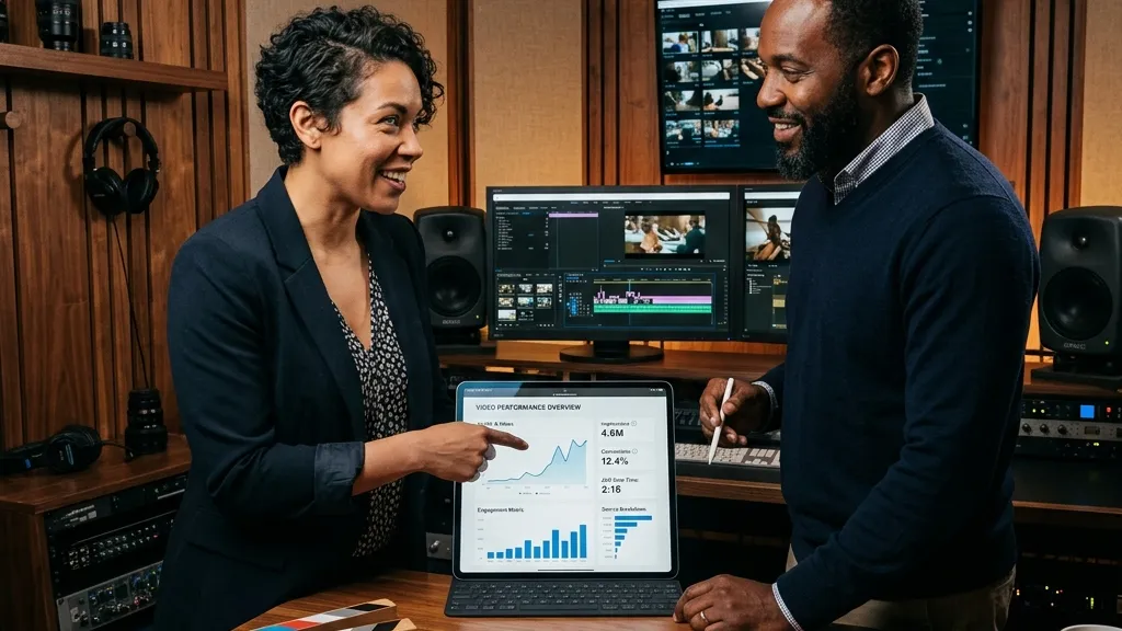 A creative director and a marketing manager in a high-end post-production editing studio, looking at a video analytics report showing AI search traffic on a tablet, with a custom Envy Creative clapperboard on the desk.