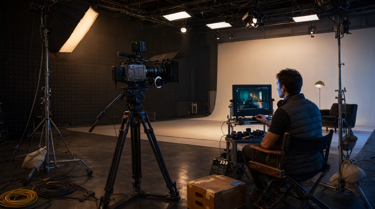 A professional video production studio set with a cinema camera, lighting rigs, and a director reviewing footage on a monitor.