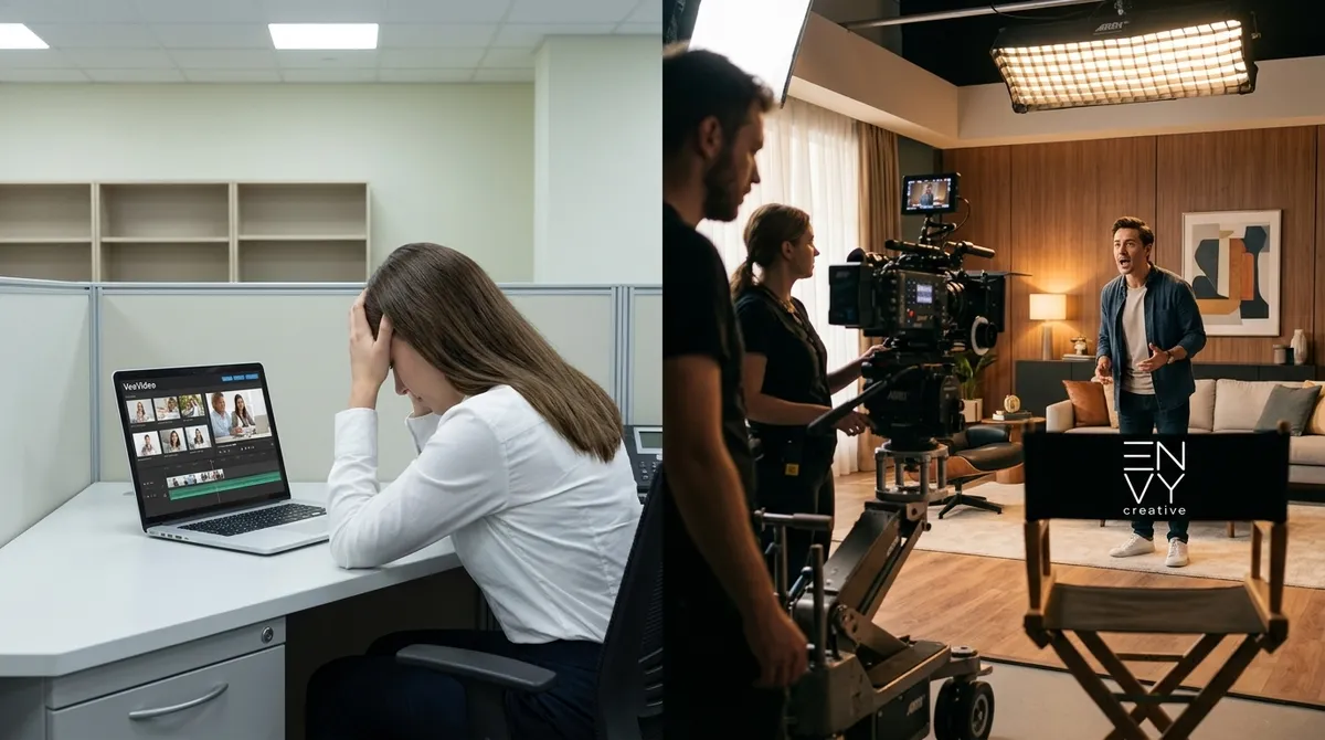 A side-by-side comparison displaying a frustrated marketer struggling with VeeVideo AI editor on the left and a professional crew filming a high-quality video with Envy Creative on the right.