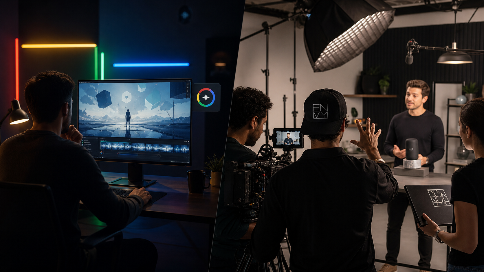 Side-by-side comparison of an AI video workstation and an Envy Creative production crew filming a brand video with a client on set.