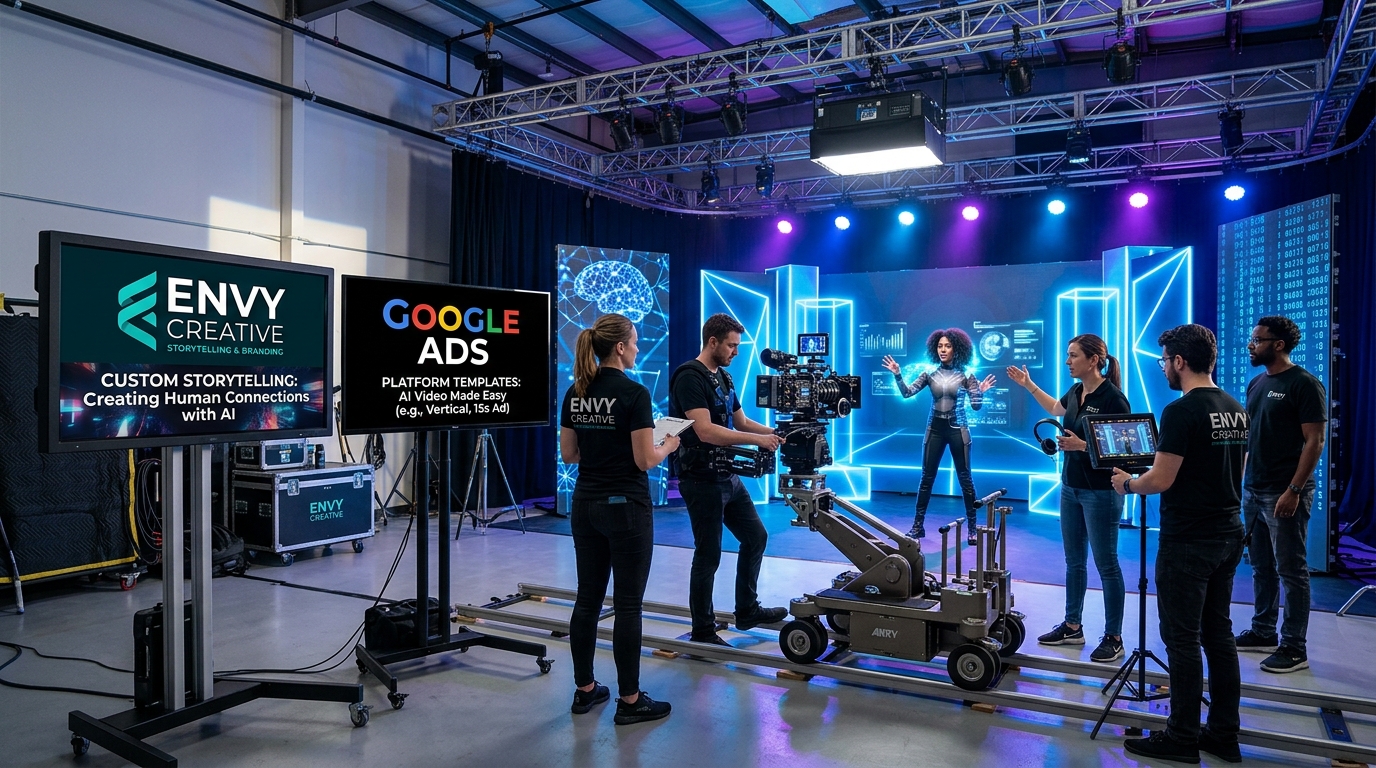 Envy Creative video production crew filming an AI‑focused commercial beside a Google Ads screen, showcasing custom storytelling versus template solutions.
