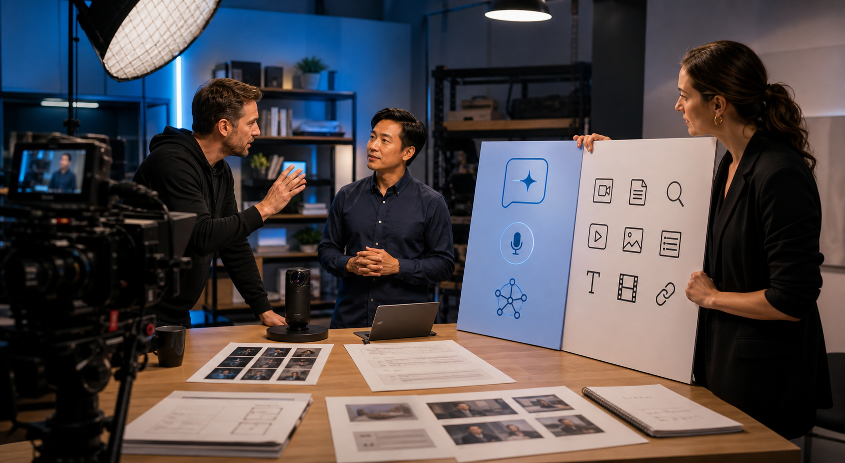 Creative director aligning AI answer visibility and video SEO strategy during a cinematic B2B studio shoot