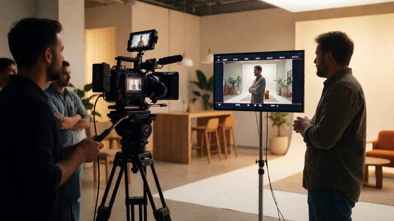 A professional film crew shooting a commercial in a bright modern studio, with a cinema camera on a tripod and a director watching a monitor.