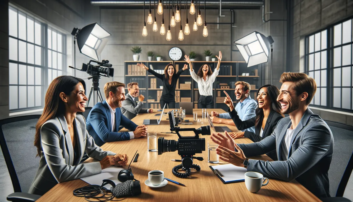 A lively and energetic group of professionals is gathered around a conference table in an office setting. Some are seated, smiling and clapping, while two individuals stand at the back with arms raised in excitement. The room is well-lit with large windows and overhead lighting. Video equipment and microphones are present on the table, suggesting a media or filming environment.