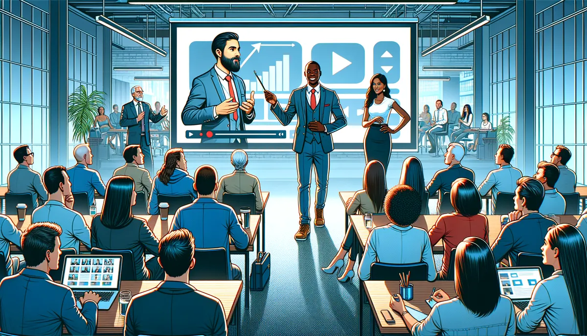 A diverse group of professionals in a modern conference room attending a presentation. Three speakers stand in front of a large screen displaying charts and video icons. The audience is seated at tables with laptops and notepads, engaged in the presentation. The room is well-lit with large windows and contemporary design elements.