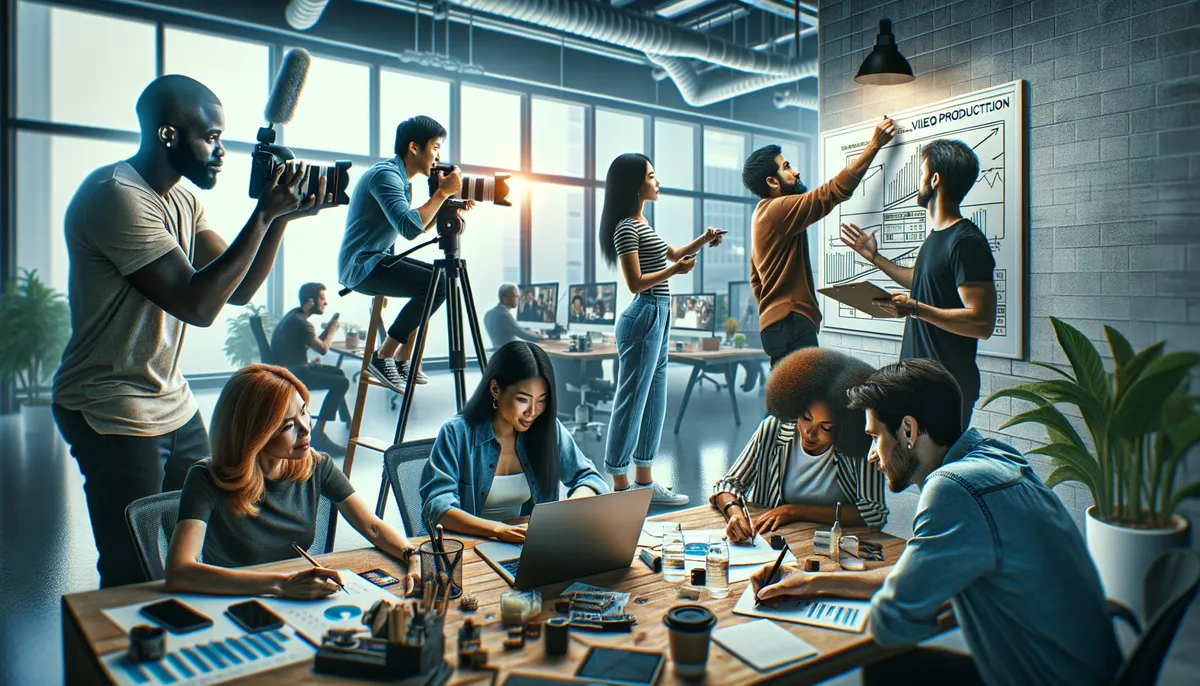 A diverse group of people collaborating in a modern office space. In the foreground, several individuals are focused on a table covered with documents, a laptop, and coffee cups, engaging in discussion and writing. In the background, people are working with cameras and tripods, while others review video footage on monitors. A pair of coworkers are discussing in front of a whiteboard with charts labeled "Video Production." The room is bright and airy with large windows and indoor plants.