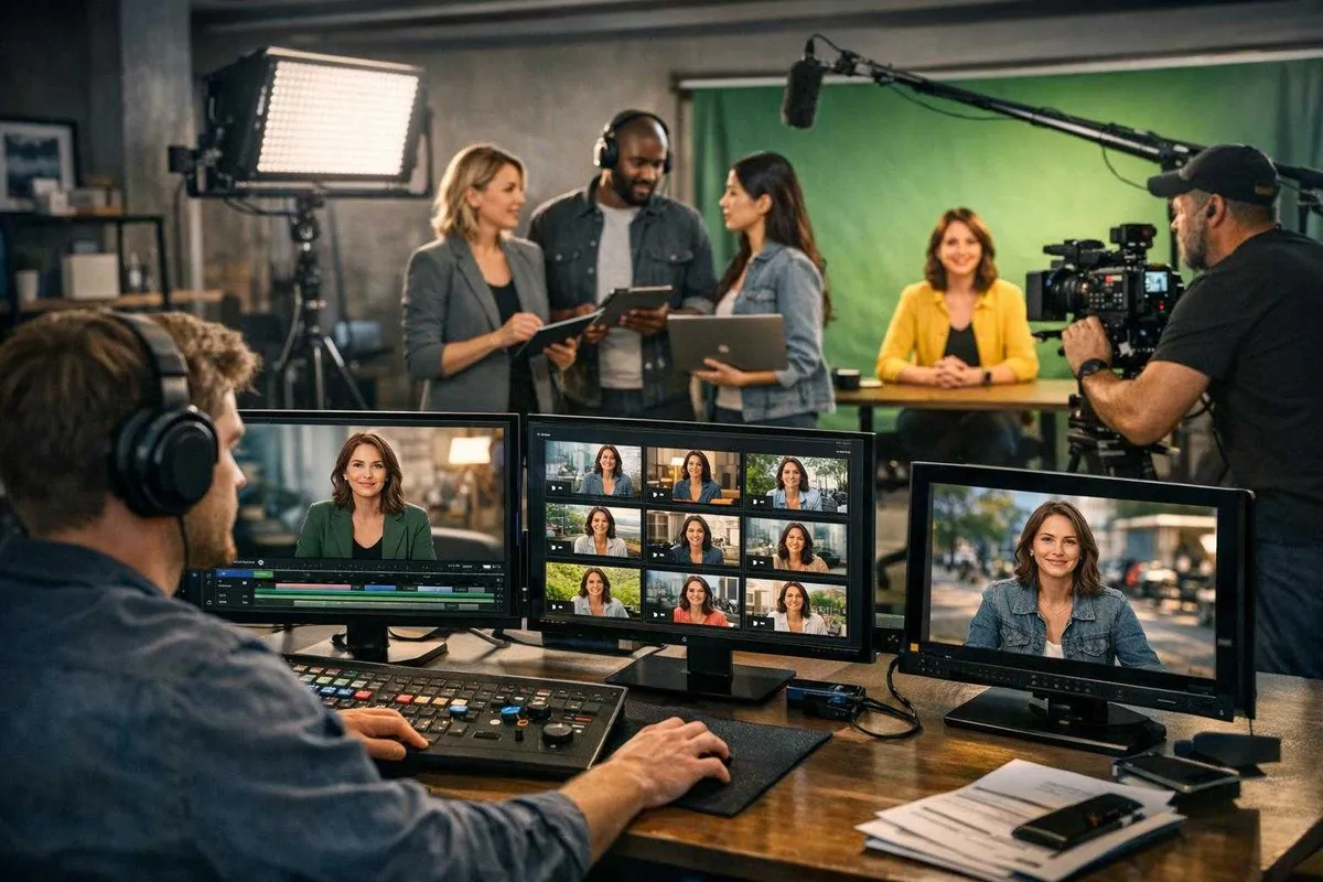 A busy professional video production and post-production studio scene featuring an editing station, a production team discussing, a seated talent smiling, a camera operator filming, and studio equipment with a green screen backdrop.