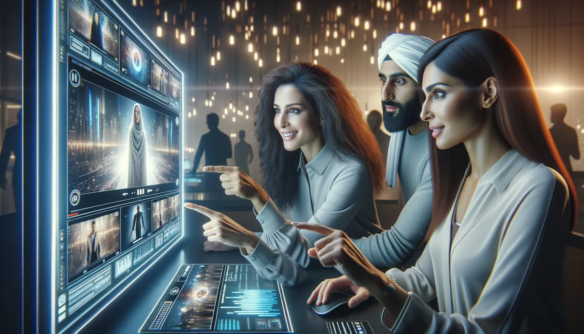 A group of three people, two women and one man, are engaged with a large digital screen displaying futuristic visuals. One woman is pointing at the screen, while the others watch attentively. The setting is modern and tech-focused, with ambient lighting and silhouettes of other people in the background.