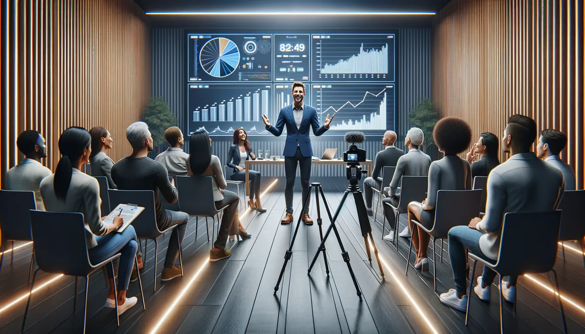 A diverse group of photo-real people gathered inside a linear, high-tech meeting room with a big screen showcasing detailed bar graphs and pie charts, and a state-of-the-art video camera on a tripod hinting at the act of video creation. A young Caucasian male, presumably the leader, is passionately explaining a strategy with dynamic hand gestures. Around him are a middle-aged Black female listening attentively, a Hispanic male taking notes on his gadget, and a South Asian female observing the screen's data. The room's light creates a cinematic ambiance, making the scenario look professional and engaging.