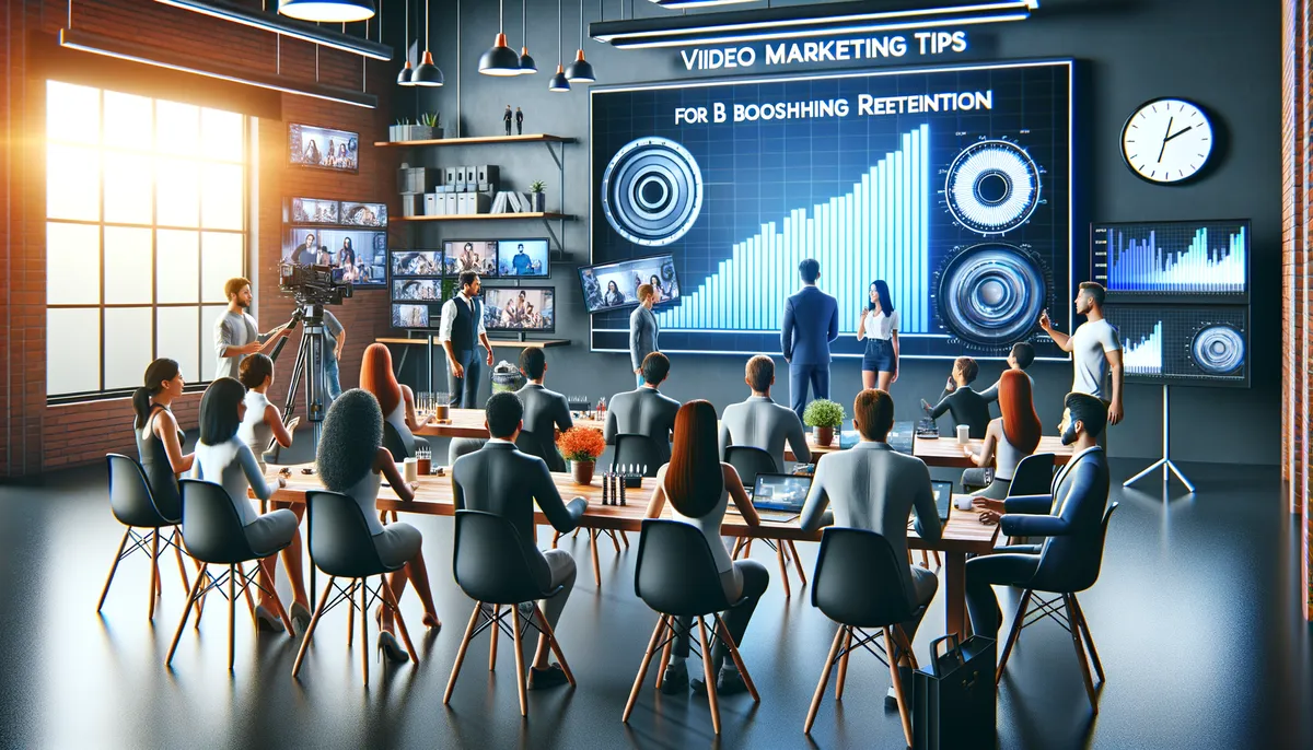 Create a professional and high-quality image suitable for a cinematic blog post about video marketing tips for boosting retention. The scene should feature photorealistic individuals of diverse descents and genders engaged in video marketing processes. There can be a background showing a creative studio with high-end video production equipment and a large monitor displaying data-driven analytics. The style should be unique and visually engaging, free from any text or logos, in order to captivate the audience's attention.