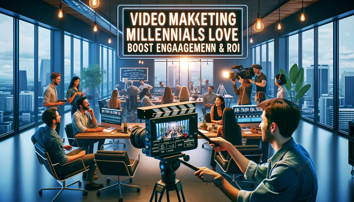 A vibrant office setting with large windows overlooking a city skyline, featuring a diverse group of people engaging in a video marketing meeting. A prominent neon sign overhead reads "Video Marketing Millennials Love Boost Engagement & ROI." In the foreground, a cameraman is capturing the scene, while others discuss around tables. The atmosphere is modern and collaborative.