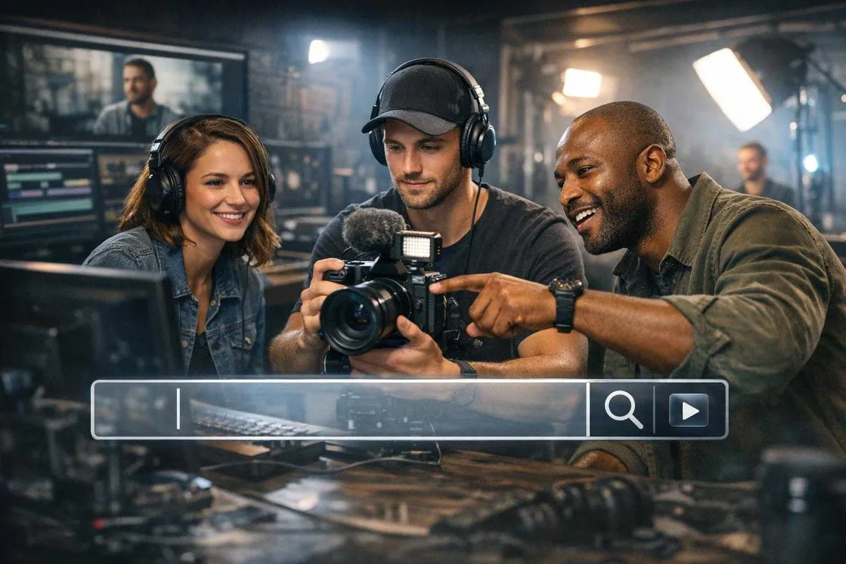 Three individuals—a smiling woman with headphones, a man adjusting a camera, and another man pointing at the camera—are engaged in a video editing and production session in a dimly lit studio filled with equipment and bright lights.