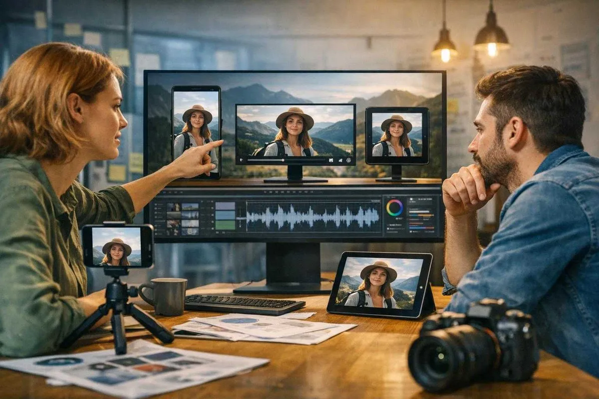 A woman and a man collaborate at a modern wooden desk, reviewing and discussing photo or video editing on a large monitor showing multiple device previews of an image of a woman in a hat, with editing software interface elements visible.